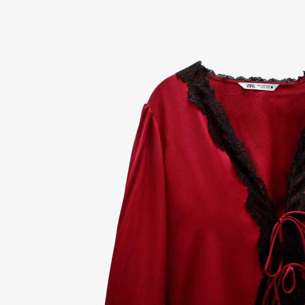 Zara burgundy & black lace-like accent blouse top - Picture 7 of 12